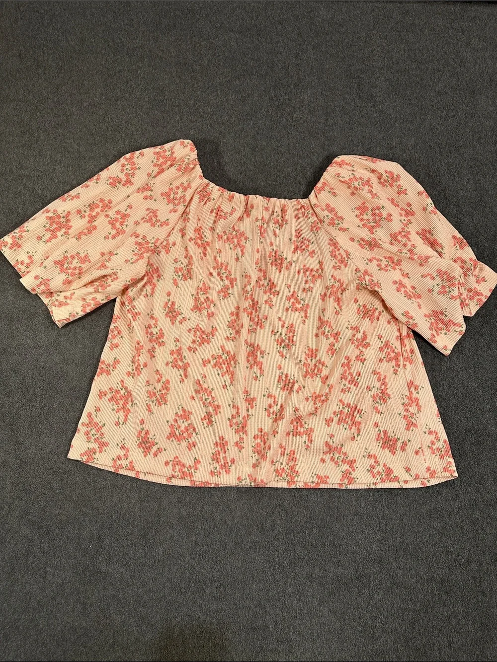 LOFT Peach Floral Square Neck Puff Sleeve Blouse (L)